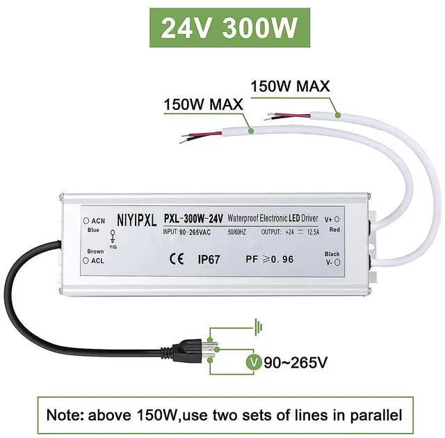 Alt view image 7 of 7 - KEHIPI LED Driver 300 Watts(150W X2) 24V DC Transformer Waterproof IP67 Power Supply, 24V DC Low Voltage Output Adapter with 3-Prong Plug 3.3 Feet Cable for LED Light, Computer Project, Outdoor Light
