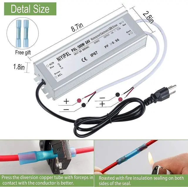 Alt view image 6 of 7 - KEHIPI LED Driver 300 Watts(150W X2) 24V DC Transformer Waterproof IP67 Power Supply, 24V DC Low Voltage Output Adapter with 3-Prong Plug 3.3 Feet Cable for LED Light, Computer Project, Outdoor Light