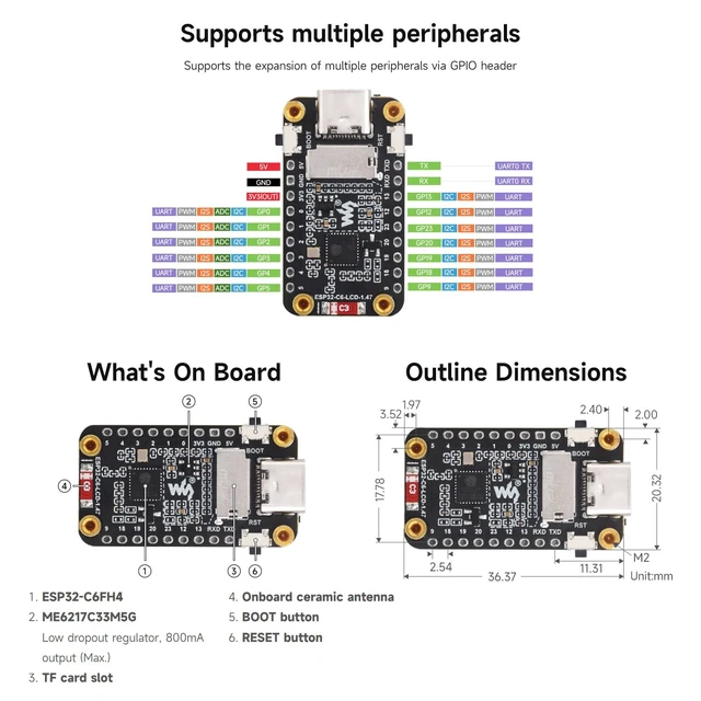 Alt view image 6 of 7 - ESP32-C6 1.47inch Display Dev Board, 172×320, 262K Color, 160MHz Running Frequency Single-core, Supports WiFi 6 & Bluetooth, with Colorful RGB LED, ESP32 with Display, with Pinheader