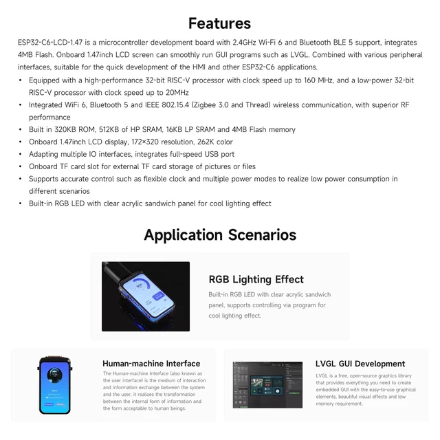Alt view image 4 of 7 - ESP32-C6 1.47inch Display Dev Board, 172×320, 262K Color, 160MHz Running Frequency Single-core, Supports WiFi 6 & Bluetooth, with Colorful RGB LED, ESP32 with Display, with Pinheader