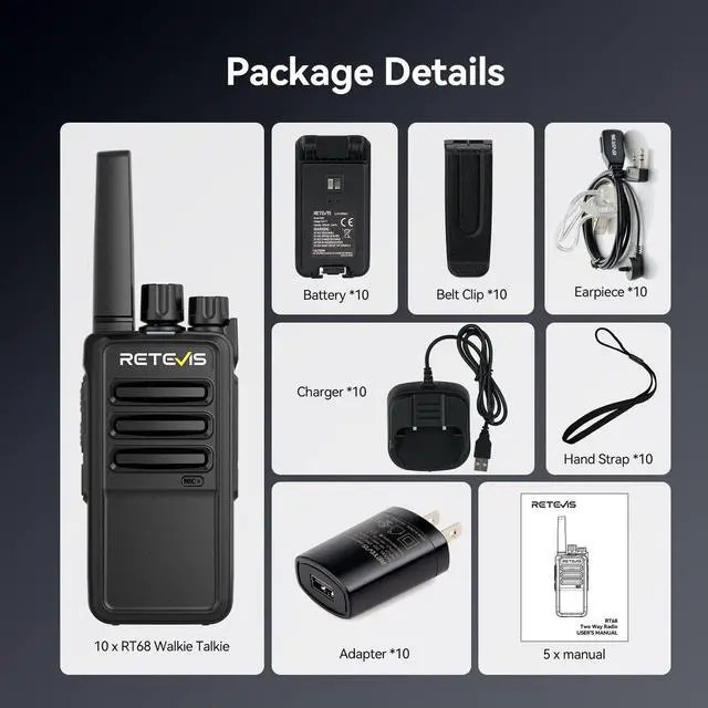 Alt view image 7 of 7 - KEHIPI RT68 Two-Way Radios Long Range, Walkie Talkies for Adults, 2 Way Radio with Earpiece, Walkie Talkie Rechargeable with Charging Base, for Manufacturing Restaurant Business School(10 Pack)