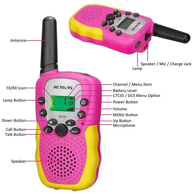 Alt view image 3 of 7 - KEHIPI RA18 Kids Walkie Talkies, Walkie Talkie Toys for 6-12 Year Old Girls Boys, 22 CH, Long Range, Built-in Flashlight, Girls Birthday Gifts,Outdoor Garden Camping Family Trip(Pink 2 Pack)