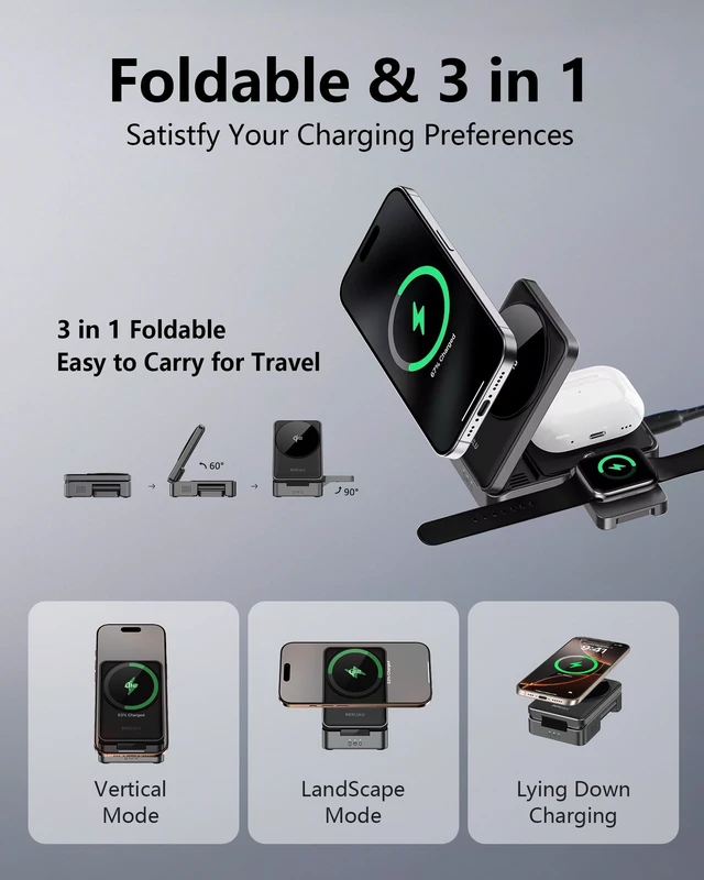 Alt view image 3 of 7 - KEHIPI Qi2 3 in 1 Wireless Charger for Apple Devices, Qi2 15W Magnetic Foldable Wireless Fast Charger for iPhone 17/16/15/14/13/12, Apple Watch and AirPods