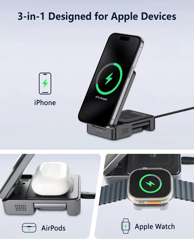 Alt view image 4 of 7 - KEHIPI Qi2 3 in 1 Wireless Charger for Apple Devices, Qi2 15W Magnetic Foldable Wireless Fast Charger for iPhone 17/16/15/14/13/12, Apple Watch and AirPods