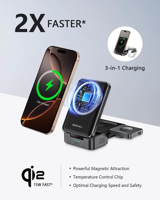 Alt view image 2 of 7 - KEHIPI Qi2 3 in 1 Wireless Charger for Apple Devices, Qi2 15W Magnetic Foldable Wireless Fast Charger for iPhone 17/16/15/14/13/12, Apple Watch and AirPods