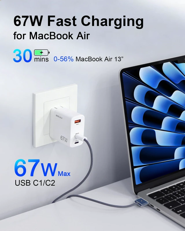 Alt view image 2 of 7 - 67W USB C Charger Block, 3-Port GaN Fast Charger | 2C1A, for MacBook Air/Pro, iPhone 17/16, iPad Pro, USB-C Laptop, Compact Wall Charger Power Adapter