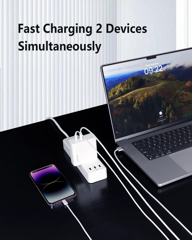 Alt view image 2 of 6 - 140W USB C Charger, KEHIPI GaN Fast Charger, 2-Port USB-C Compact Foldable Charger for Laptops, MacBook Air/Pro, iPad, iPhone 17/16/15 Pro, Galaxy S24/S23, AirPods, and More
