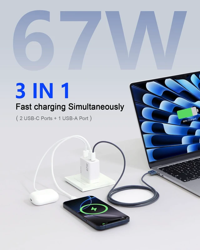 Alt view image 3 of 7 - 67W USB C Charger Block, 3-Port GaN Fast Charger | 2C1A, for MacBook Air/Pro, iPhone 17/16, iPad Pro, USB-C Laptop, Compact Wall Charger Power Adapter