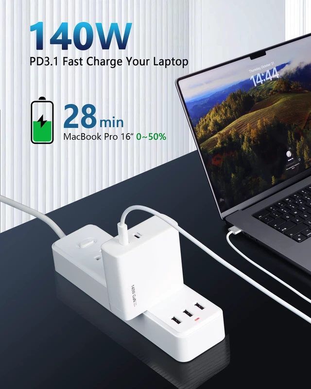 Alt view image 4 of 6 - 140W USB C Charger, KEHIPI GaN Fast Charger, 2-Port USB-C Compact Foldable Charger for Laptops, MacBook Air/Pro, iPad, iPhone 17/16/15 Pro, Galaxy S24/S23, AirPods, and More