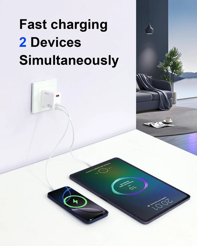 Alt view image 7 of 7 - 67W USB C Charger Block, 3-Port GaN Fast Charger | 2C1A, for MacBook Air/Pro, iPhone 17/16, iPad Pro, USB-C Laptop, Compact Wall Charger Power Adapter