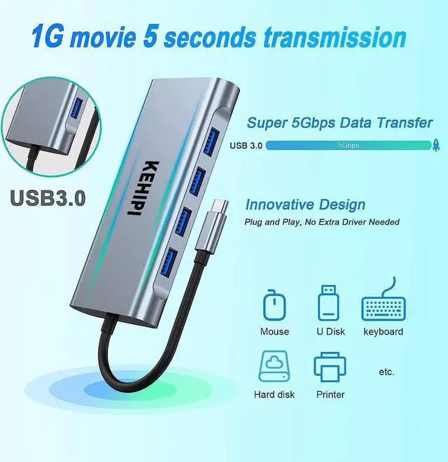 Alt view image 5 of 7 - KEHIPI USB C HUB, USB C Adapter 11 in 1 with 4K HDMI, VGA, Type C PD, USB3.0, RJ45 Ethernet, SD/TF Card Reader, 3.5mm AUX, Docking Station Compatible with MacBook Pro/Air, Other Type C Laptops Devices