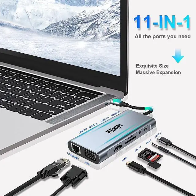 Alt view image 2 of 7 - KEHIPI USB C HUB, USB C Adapter 11 in 1 with 4K HDMI, VGA, Type C PD, USB3.0, RJ45 Ethernet, SD/TF Card Reader, 3.5mm AUX, Docking Station Compatible with MacBook Pro/Air, Other Type C Laptops Devices