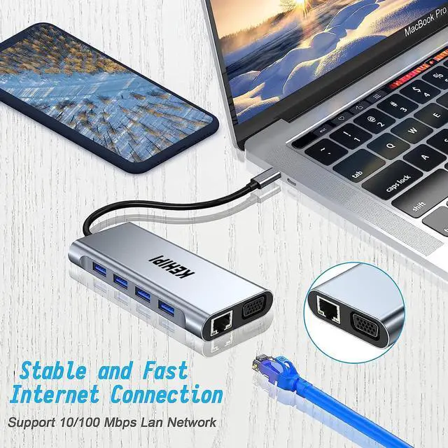 Alt view image 7 of 7 - KEHIPI USB C HUB, USB C Adapter 11 in 1 with 4K HDMI, VGA, Type C PD, USB3.0, RJ45 Ethernet, SD/TF Card Reader, 3.5mm AUX, Docking Station Compatible with MacBook Pro/Air, Other Type C Laptops Devices