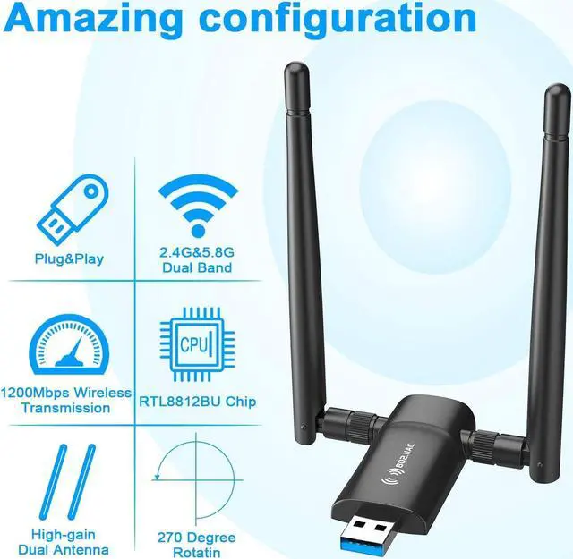 Alt view image 6 of 6 - KEHIPI Wireless USB WiFi Adapter PC - Nineplus 1200Mbps Dual 5Dbi Antennas 5G/2.4G WiFi Adapter for Desktop PC Laptop Windows11/10/8/7/Vista/XP, Wireless Adapter for Desktop Computer Network Adapters