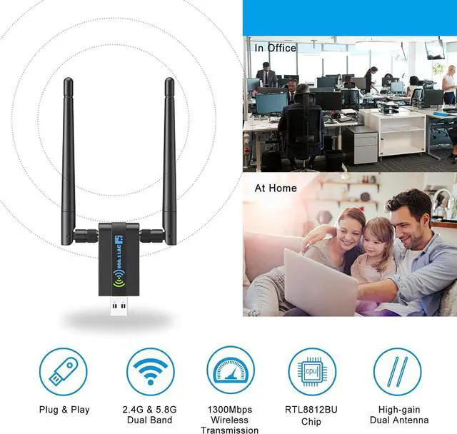 Alt view image 7 of 7 - KEHIPI Wireless USB WiFi Adapter for PC: 1300Mbps WiFi USB, 802.11AC WiFi Adapter for Desktop PC, Dual Band WiFi Dongle Wireless Adapter for Windows11/10/8/7/Vista/XP, USB Computer Network Adapters