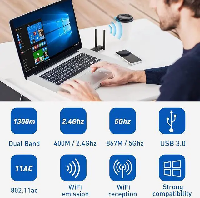 Alt view image 2 of 7 - KEHIPI USB WiFi Adapter for PC - 1300Mbps USB 3.0 WiFi Dongle, 2.4G/5G Dual Band Wireless WiFi Adapter for Desktop PC, Supports Windows 11/10/8.1/8/7/XP, Mac OS 10.9-10.15