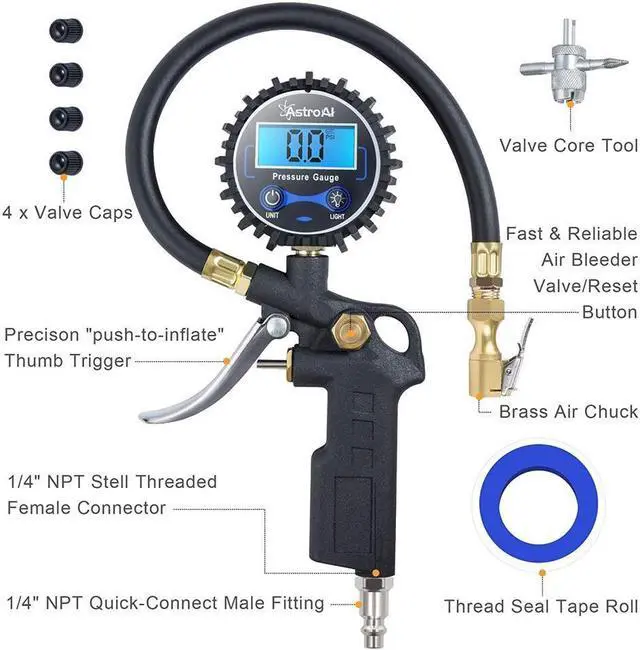 Alt view image 2 of 7 - KEHIPI Digital Tire Inflator with Pressure Gauge, 250 PSI Air Chuck and Compressor Accessories Heavy Duty with Rubber Hose and Quick Connect Coupler