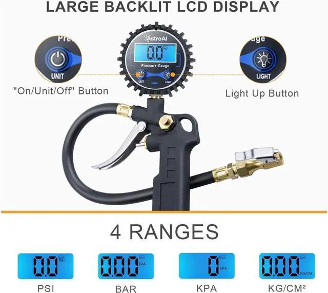 Alt view image 3 of 7 - KEHIPI Digital Tire Inflator with Pressure Gauge, 250 PSI Air Chuck and Compressor Accessories Heavy Duty with Rubber Hose and Quick Connect Coupler