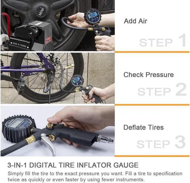 Alt view image 6 of 7 - KEHIPI Digital Tire Inflator with Pressure Gauge, 250 PSI Air Chuck and Compressor Accessories Heavy Duty with Rubber Hose and Quick Connect Coupler
