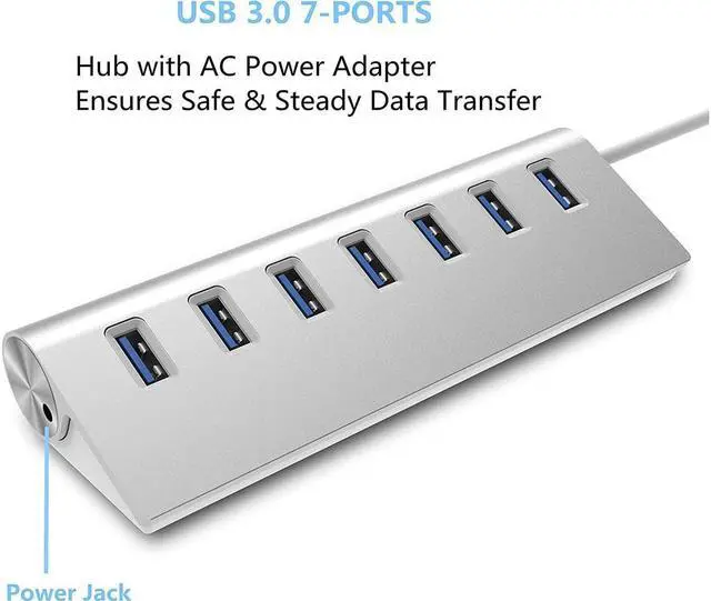 Alt view image 2 of 6 - USB 3.0 Hub 7 Ports,KEHIPI Aluminum USB Hub 3.0 with 5V/4A 20W Power Adapter and 4.9Ft USB Cable, USB Hub for MacBook, Mac Pro, Mac Mini, Laptop, Desktop