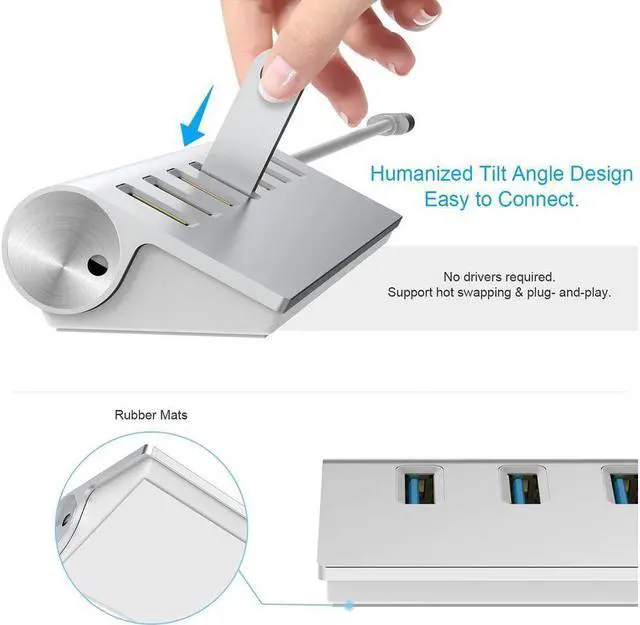 Alt view image 5 of 6 - USB 3.0 Hub 7 Ports,KEHIPI Aluminum USB Hub 3.0 with 5V/4A 20W Power Adapter and 4.9Ft USB Cable, USB Hub for MacBook, Mac Pro, Mac Mini, Laptop, Desktop