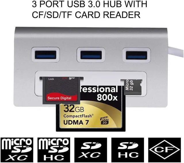 Alt view image 2 of 7 - KEHIPI 6-in-1 USB 3.0 Card Reader, Aluminum Data USB 3.0 Hub with 3 High-Speed Ports and 1 CF/SD/TF Card Reader, 12" USB Cable for Mac Pro, iMac, MacBook, Laptop and Desktop PC