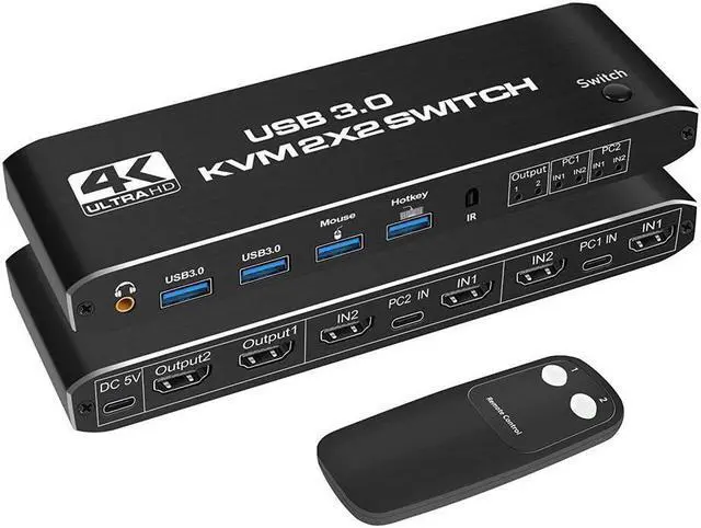 Main image of KVM Switch 2 Monitors 2 PCs, KEHIPI 4K@60Hz HDMI KVM Switch with Audio, Keyboard Video Mouse Peripherals Display Port Switcher, UHD Support, USB 3.0 Hub, Hotkeys