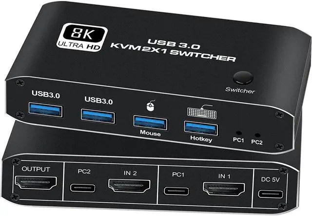 Main image of HDMI KVM Switch, KEHIPI 8K USB Switch 2x1 HDMI2.1 Ports + 4X USB3.0 KVM Ports, Share 2 Computers one Monitor Switch,Supports 8K 60Hz,4K 120Hz,YUV 4:4:4, HDCP 2.3, HDR 10, Hotkey