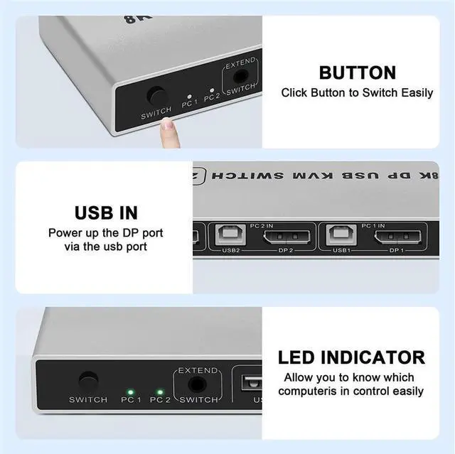 Alt view image 6 of 7 - KEHIPI 8K DisplayPort KVM Switch 2 Port USB and DP Switch for 2 Computers Share Keyboard Mouse Printer Monitor for Laptop,PC,Xbox HDTV