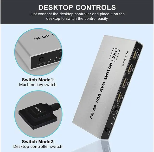 Alt view image 5 of 7 - KEHIPI 8K DisplayPort KVM Switch 2 Port USB and DP Switch for 2 Computers Share Keyboard Mouse Printer Monitor for Laptop,PC,Xbox HDTV