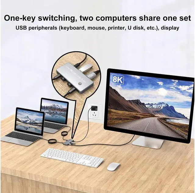 Alt view image 3 of 7 - KEHIPI USB-C 8K KVM Switch DP 1.4 2xUSB-C PC to One DisplayPort Dual Monitor 8K@60Hz 4K@144Hz 3X USB2.0 Shared Mouse Keyboard Printer 2-in/4-out Converter Compatible with Thunderbolt 3/4
