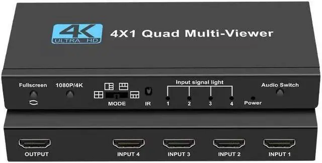 Main image of HDMI Multiviewer Switch 4x1, KEHIPI Quad Seamless Switcher 4 in 1 Out with IR Remote Control, Support 4K Full HD and 5 Display Modes for Security Camera, Gaming Consoles