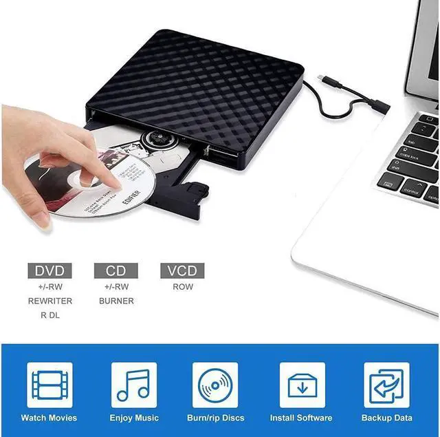 Alt view image 3 of 7 - KEHIPI External CD DVD Drive, USB 3.0 and Type-C Portable CD DVD +/-Rw Drive Reader, DVD/CD ROM Burner Rewriter, Slim Optical DVD Drive for Laptop, Desktop, Mac, Macbook, OS/ Windows/ Linux