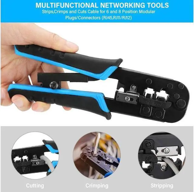 Alt view image 3 of 7 - KEHIPI Crimp Tool Kit RJ45 , 50 PCS RJ45 Connectors, 50 PCS Covers, 1 Cat5 Cat5e Ethernet Crimping Tool, 1 RJ45 Tester and 1 Mini Wire Stripper, RJ11, 6P/ RJ12, 8P/ RJ45 Crimp Tool Set