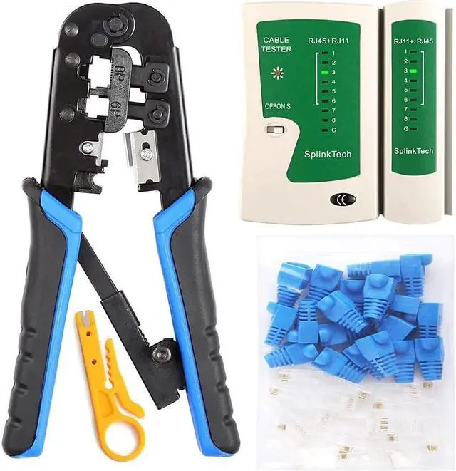 Main image of KEHIPI Crimp Tool Kit RJ45 , 50 PCS RJ45 Connectors, 50 PCS Covers, 1 Cat5 Cat5e Ethernet Crimping Tool, 1 RJ45 Tester and 1 Mini Wire Stripper, RJ11, 6P/ RJ12, 8P/ RJ45 Crimp Tool Set