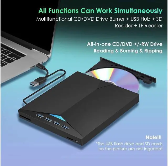 Alt view image 2 of 7 - KEHIPI [7 in 1] External CD/DVD Drive for Laptop, USB 3.0 & Type C Ultra-Slim Portable CD/DVD Player Burner, SD TF CD ROM, External Optical CD DVD Drive Compatible with Windows 7/8/10/XP/Vista, Linux,