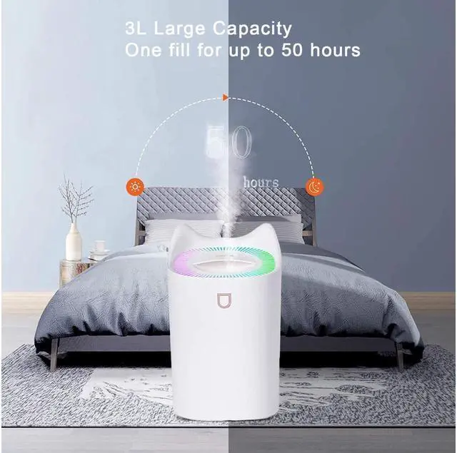 Alt view image 5 of 5 - KEHIPI 3L Cool Mist Humidifiers, Diffuser for Essential Oils,Quiet Ultrasonic Humidifier for Bedroom,Large Home,Baby Room,Plant,Up to 50 Hours Time with Adjustable Double Spray,Colorful Lights,Easy to