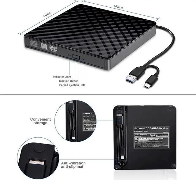 Alt view image 7 of 7 - KEHIPI External CD DVD Drive / Burner USB 3.0 with Type-C Portable CD DVD - / + RW Burner and DVD / CD Reader, Plug & Play / Low noise, Slim Superdrive for laptop, Desktop, Mac, Macbook, OS, Windows /