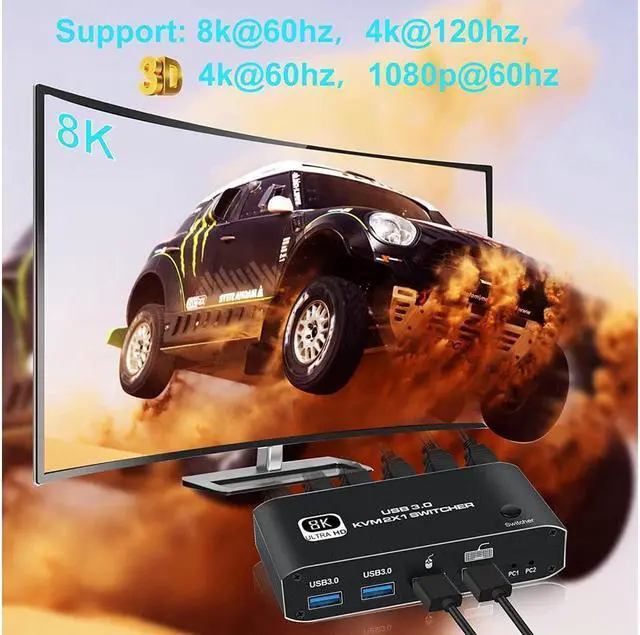 Alt view image 2 of 7 - KEHIPI 2 in 1 Out HDMI KVM Switch, 8K USB Switch 2x1 HDMI2.1 Ports + 4x USB3.0 KVM Ports, Share 2 Computers one Monitor Switch,Supports 8K @60Hz,4K @120Hz,YUV 4:4:4, HDCP 2.3, H-D-R 10, Hotkey, Darkis