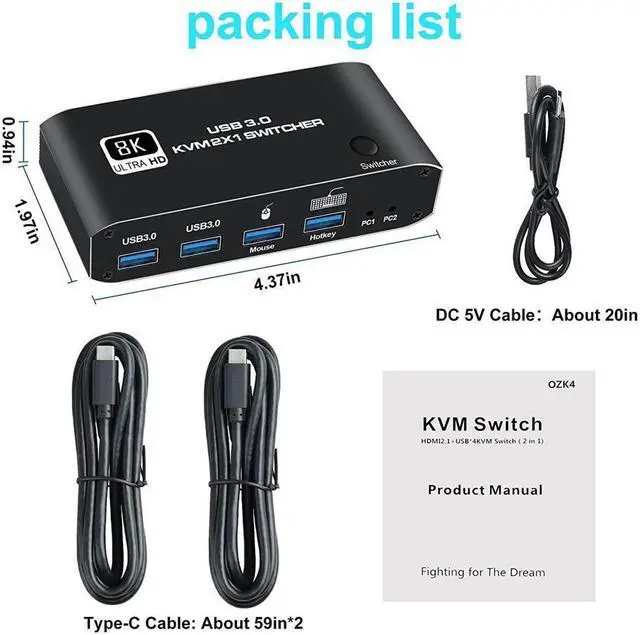 Alt view image 7 of 7 - KEHIPI 2 in 1 Out HDMI KVM Switch, 8K USB Switch 2x1 HDMI2.1 Ports + 4x USB3.0 KVM Ports, Share 2 Computers one Monitor Switch,Supports 8K @60Hz,4K @120Hz,YUV 4:4:4, HDCP 2.3, H-D-R 10, Hotkey, Darkis