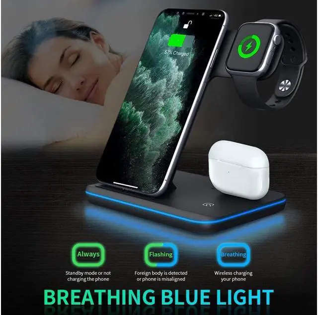 Alt view image 4 of 7 - KEHIPI Wireless Charger 3 in 1 Charger Stand 15W QI Fast Charging Station for Apple iWatch Series 5/4/3/2/1,AirPods, Compatible with iPhone 11 Series/XS MAX/XR/XS/X/8/8 Plus/Samsung