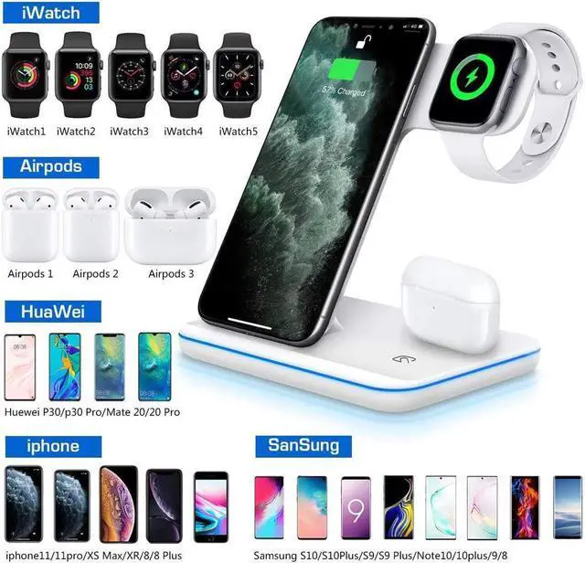 Alt view image 2 of 7 - KEHIPI Wireless Charger 3 in 1 Charger Stand 15W QI Fast Charging Station for Apple iWatch Series 5/4/3/2/1,AirPods, Compatible with iPhone 11 Series/XS MAX/XR/XS/X/8/8 Plus/Samsung White