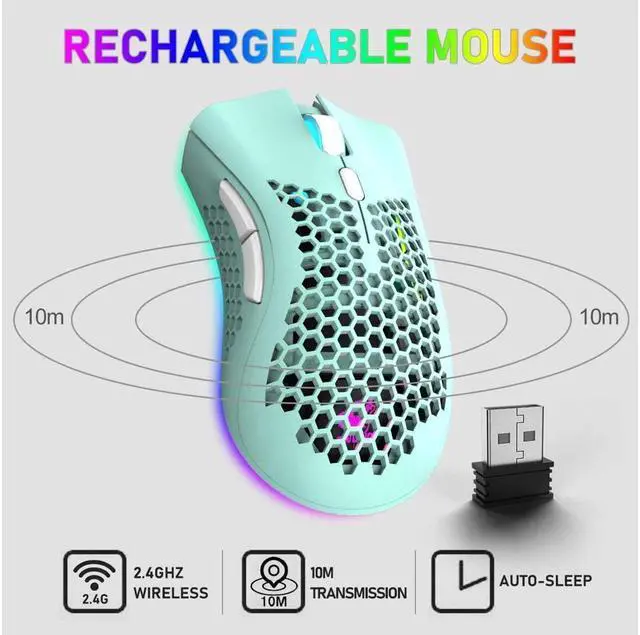 Alt view image 2 of 6 - KEHIPI Wireless Lightweight Gaming Mouse Honeycomb with 7 Button Multi RGB Backlit Perforated Ergonomic Shell Optical Sensor Adjustable DPI Rechargeable 800 mAh Battery USB Receiver for PC Mac Gamer