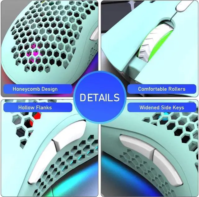 Alt view image 4 of 6 - KEHIPI Wireless Lightweight Gaming Mouse Honeycomb with 7 Button Multi RGB Backlit Perforated Ergonomic Shell Optical Sensor Adjustable DPI Rechargeable 800 mAh Battery USB Receiver for PC Mac Gamer