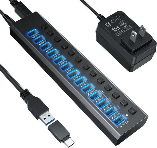 Main image of KEHIPI Powered USB 3.0 Hub, 13-Port Powered USB Hub 3.0 with Individual Switch, Aluminum Alloy Fast Charging USB 3.0 Hub Expander Compatible with All USB Devices Laptops Desktops12V 4A Power Adapter