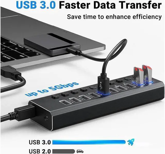 Alt view image 3 of 4 - KEHIPI Powered USB 3.0 Hub, 13-Port Powered USB Hub 3.0 with Individual Switch, Aluminum Alloy Fast Charging USB 3.0 Hub Expander Compatible with All USB Devices Laptops Desktops12V 4A Power Adapter