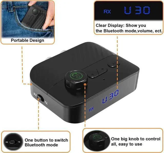 Alt view image 4 of 7 - KEHIPI  Bluetooth Transmitter Receiver - V5.3 Bluetooth Audio Receiver w/Display & Knob, 3.5mm AUX RCA Wireless Audio Adapter for Home Stereo/Headphone/Speaker/TV/PC/Car, Support TF Card/U Disk Music
