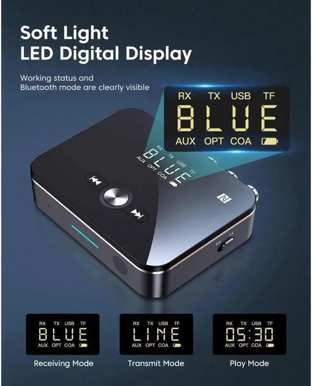 Alt view image 4 of 7 - KEHIPI Bluetooth 5.0 Transmitter Receiver, Wireless Audio Bluetooth Adapter for TV/Home Stereo/Car/PC/MP3 Player/Home Theater/Switch to Wireless Headphones/Speakers,Long Distance Receive