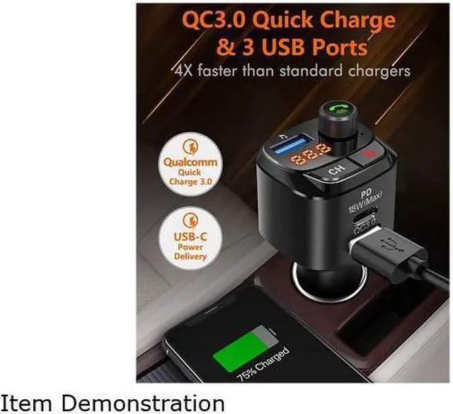 Alt view image 6 of 6 - KEHIPI Bluetooth 5.0FM Transmitter for Car, QC3.0+Type-C PD 18W Wireless Bluetooth FM Radio Adapter Bass Sound Music Player FM Car Kit with Hands-free Calling and 3 USB Ports Charger Support USB Drive