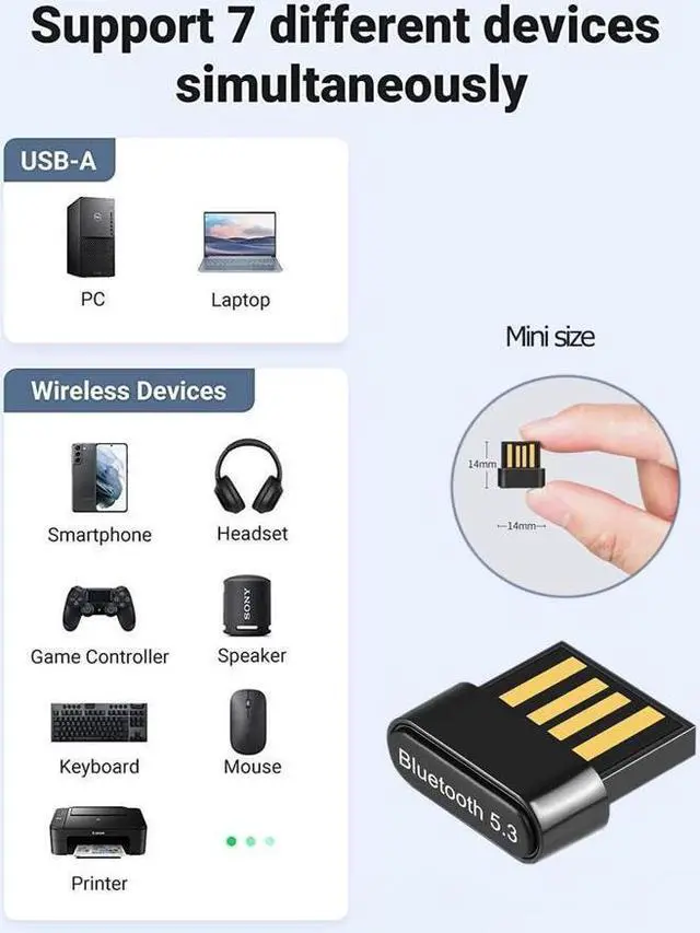 Alt view image 7 of 7 - KEHIPI USB Bluetooth Adapter for PC, USB Bluetooth 5.3 Dongle EDR Bluetooth Stick for PC, Desktop, Laptop Compatible with Windows 11/10/8.1/7
